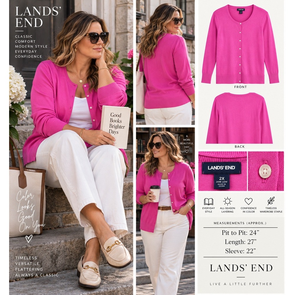 Lands' End 2X 20W 22W Pink Cardigan Sweater Cotton Coastal Preppy Longline